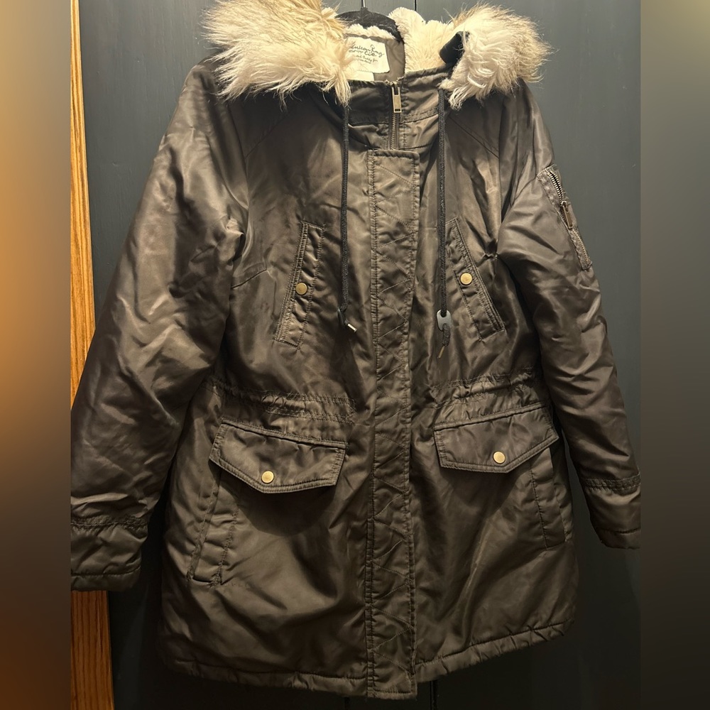 Army green jacket with faux fur hood